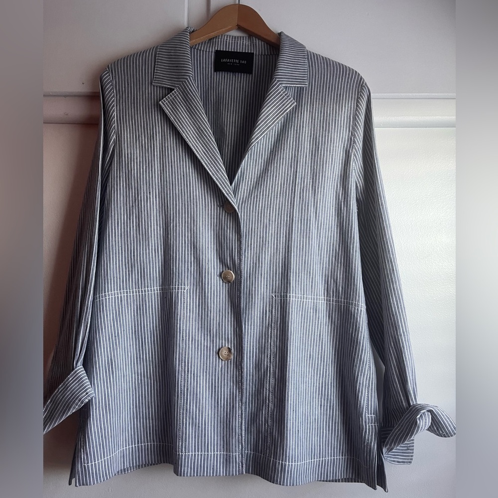 Lafayette 148 New York Blue White Pinstriped Blazer Linen Viscose Blend